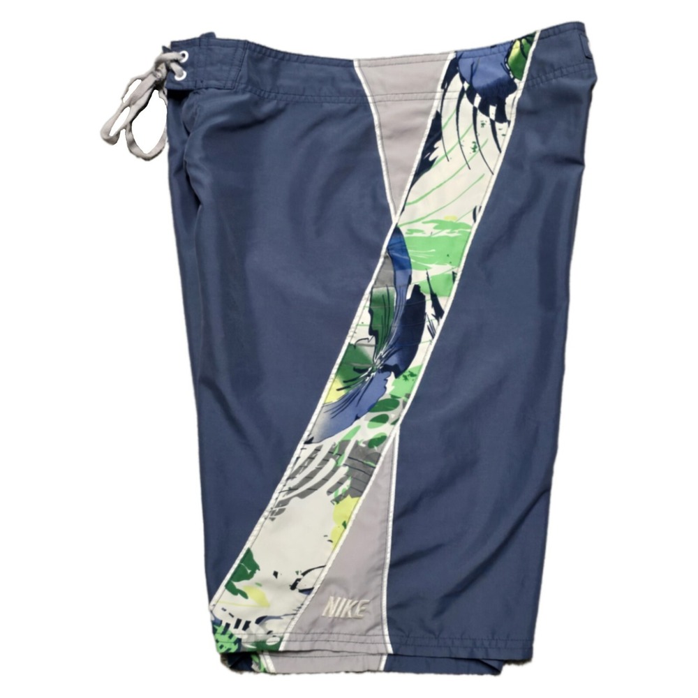90s VTG Nike Floral Board Shorts Mens 30 Swim Trunks Logo Blue Surf